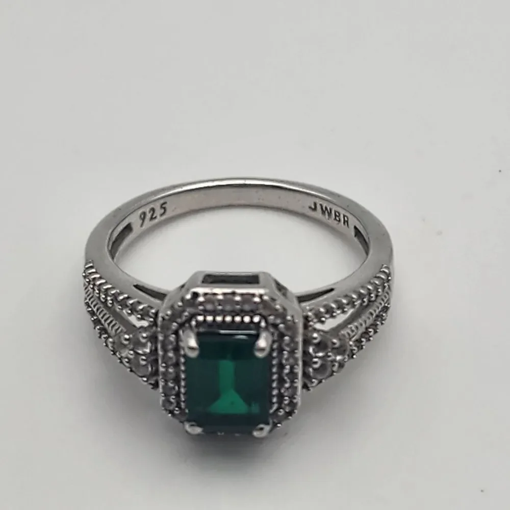 Renaissance Jewelry Lab Created Emerald & White Sapphire Sterling Silver Ring